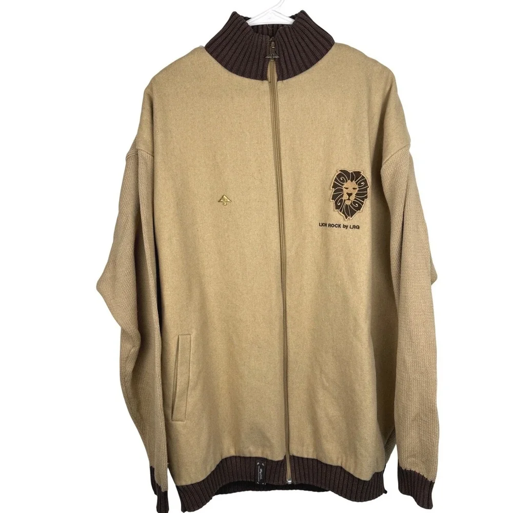 LRG Lion Rock Full Zip Sweater Mens 4XL Tan Brown Wool Blend Streetwear Jacket‎